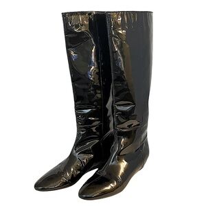 Loeffler Randall Matilde Black Patent Leather Knee Boots Pull On Slight Wedge 9